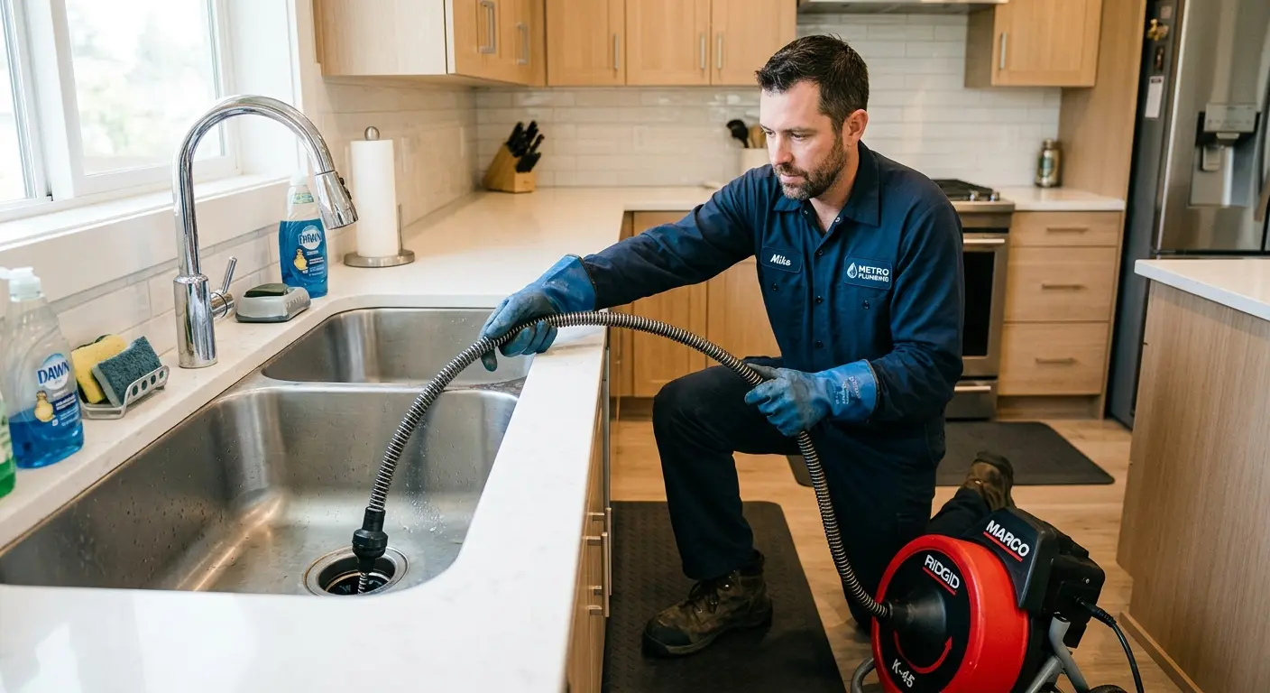 Drain cleaning technician using a motorized snake on a kitchen sink in East Whiteland