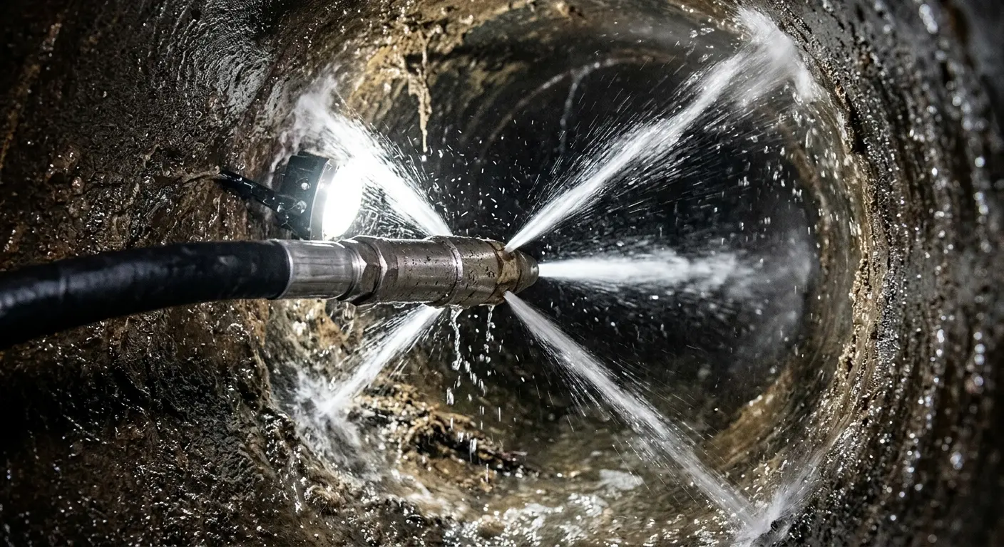 High-pressure hydro jetting nozzle cleaning sewer pipe for Sewer Cleanout in East Whiteland