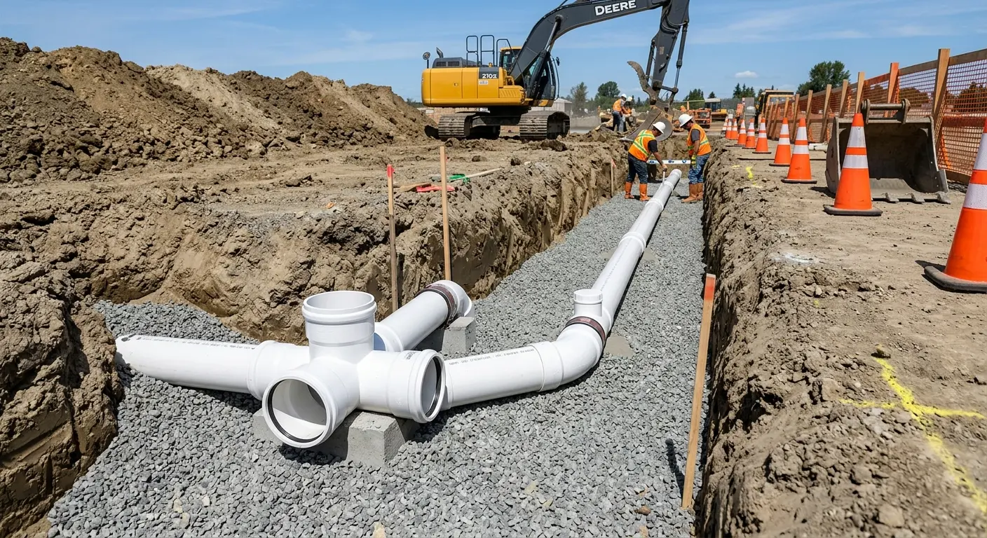 New PVC sewer pipe installation in open trench for Grease Trap Cleaning in East Whiteland