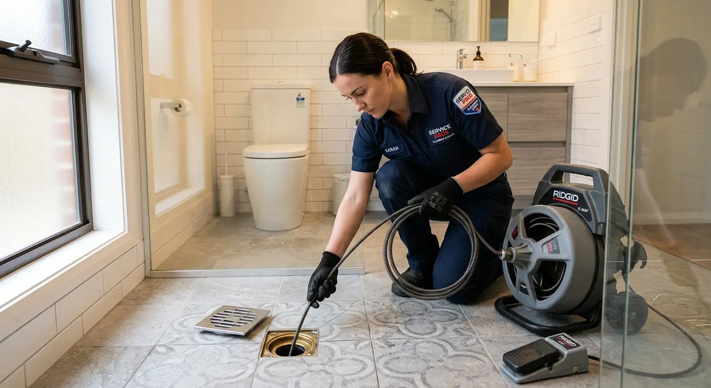Technician clearing a bathroom floor drain for Drain Repair in East Whiteland